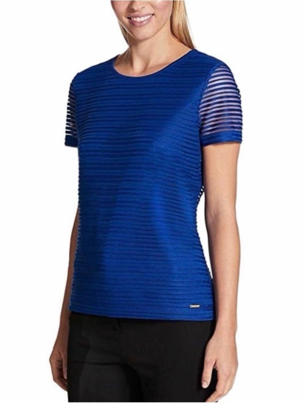 Calvin Klein Royal Blue Illusion Mesh Striped Short Sleeve Blouse Medium